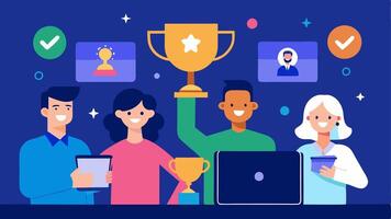 Recognition Ceremony A heartfelt moment of a virtual awards ceremony where team members are recognized for their contributions with digital trophies and celebratory graphics.. vector