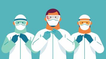 Safety Procedures Pathologists putting on face shields and masks as part of their safety protocols before starting the autopsy.. vector