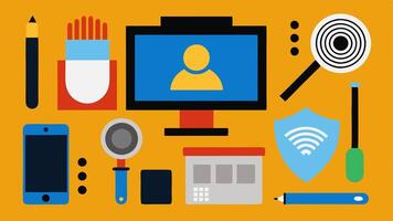 Workstation Setup An illustrative workstation containing forensic tools like fingerprint powder brushes lifting tape and photographic equipment.. vector