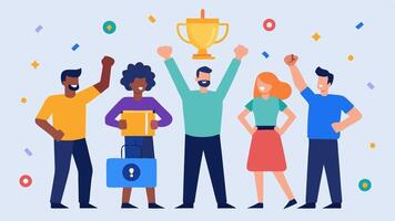 Team Celebration A group of team members celebrating a successful prevention of a cyberattack with confetti and a digital trophy with a lock symbol as they share highfives.. vector