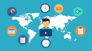 Time Zone Map A digital world map showing different time zones with clocks indicating various times and a remote assistant managing tasks for global clients.. vector