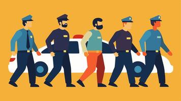 Transporting Suspects Officers leading handcuffed suspects toward a police car showing their serious expressions and body language.. vector