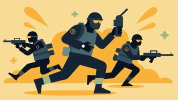 These descriptions provide a variety of perspectives and actions related to a dynamic SWAT team operation while remaining simple and illustrative.. vector