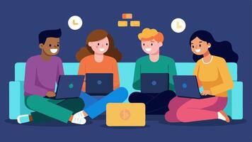 Trading Community A group of friends in a cozy living room chatting and laughing while looking at their laptops sharing tips on cryptocurrency trading.. vector