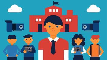 School Campus Security A school campus illustration where multiple cameras are visible focusing in on a group of students with one isolated individual showing signs of unease.. vector