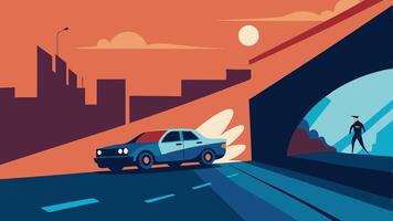 Under the Overpass A dynamic scene of the police car chasing the suspect beneath a city overpass with graffiti on the walls and shadows creating a dramatic effect.. vector