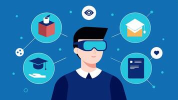 Virtual Reality Learning A professional wearing VR goggles engaged in developing immersive learning experiences with virtual classroom elements visible around them.. vector