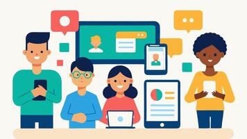 Testing on Devices A diverse team testing the app on various devices such as tablets and smartphones to ensure consistency and functionality across platforms.. vector