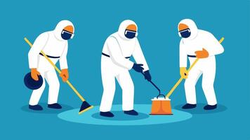 Team in Protective Gear A diverse team of professionals in white biohazard suits and gloves using a mop and bucket to clean the floor of a room marked with police tape.. vector