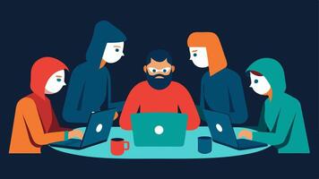 Team Collaboration A group of ethical hackers gathered around a table brainstorming with laptops open discussing strategies to enhance cybersecurity.. vector