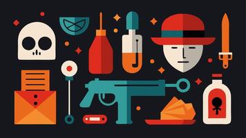These descriptions provide a variety of contexts and elements to enhance the visual storytelling in illustrations themed around a hidden murder weapon.. vector
