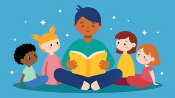 Storytime Adventure An illustration of a diverse group of children sitting in a circle listening to a storyteller holding an open book that features magical animated characters.. vector