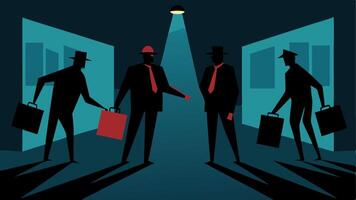Silhouetted Figures with Briefcases Silhouetted figures exchange briefcases in a dark alley depicting potential illicit transactions that investigators are monitoring.. vector