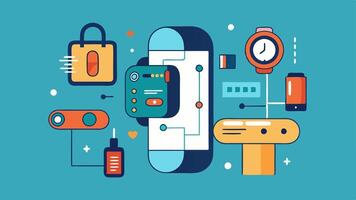 Schematic Design A technical illustration of a wearable devices internal components on a developers desk with schematics and annotations for each part.. vector