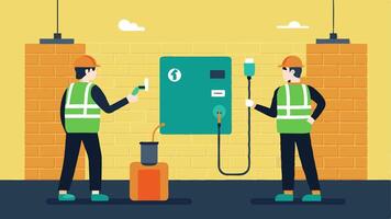 Technicians at Work Two technicians in safety vests installing a wallmounted EV charging unit on a brick wall with tools and equipment spread out beside them.. vector