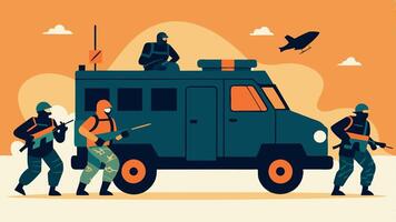 Vehicle Extraction SWAT officers securing a hostages vehicle while looking out for threats in a chaotic environment during an extraction.. vector