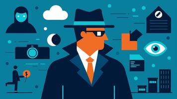These illustrations can capture various aspects of a detectives surveillance operation emphasizing their stealth focus and the environment around them.. vector
