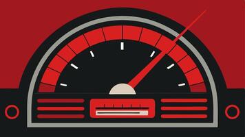 Suspenseful Dash A closeup of a dashboard showing a speedometer with the needle in the red zone and a retro radio playing in the background.. vector