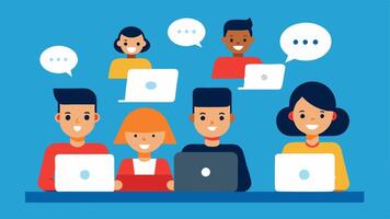 Team Collaboration Multiple cartoonstyle characters in front of their laptops with speech bubbles showing ideas and feedback symbolizing remote teamwork.. vector