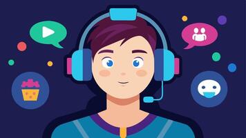 Streaming Action A closeup of a young gamer wearing a headset focused on their screen with animated game graphics and colorful chat bubbles appearing around them.. vector