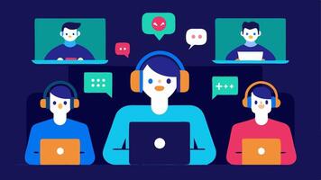 Team Play Multiple gamers in a virtual meeting each with their own gaming gear collaborating on strategy while their screens show the same game interface.. vector