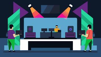 Setting Up Equipment A team of technicians setting up gaming consoles monitors and microphones on a stage with colorful LED lights and banners in the background.. vector