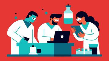 Team Collaboration A group of scientists collaborating at a workstation reviewing samples and discussing findings related to gunshot residue.. vector