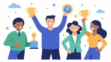Success Celebration A cheerful scene of a consultant and a company team celebrating the successful implementation of a social impact project with trophies and certificates for. vector