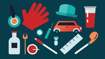 Tools of the Trade An organized layout of forensic tools on a table beside the car such as brushes powders tape and gloves while the expert works.. vector