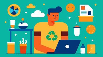 Recycling Education A designer creating an educational poster about proper recycling of packaging materials surrounded by colorful illustrations and icons.. vector