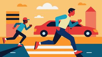 Street Chase A runner in casual clothing darting across a busy street with a pair of police officers in pursuit cars swerving to avoid the commotion.. vector
