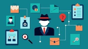 These illustrations collectively depict a comprehensive detectives crime investigation board full of intriguing details and interconnections.. vector