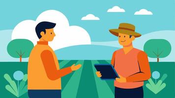 Smart Irrigation A mentor displays a smart irrigation system on a tablet while a farmer inspects a field with moisture sensors p in the soil.. vector