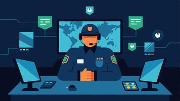 Tactical Setup The scene shows a command center with the negotiator on the phone surrounded by police officers monitors displaying maps of the area and tactical equipment.. vector