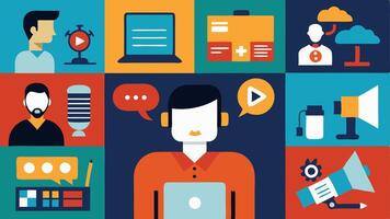 These descriptions capture the essence of what live stream technicians do illustrating various aspects of their work in a visual format.. vector