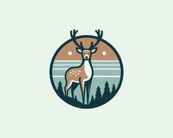 A deer standing in front of a forest with trees and mountains vector