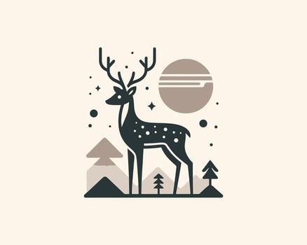A deer stands in the forest with a moon in the background vector