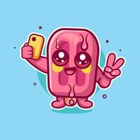 happy pink popsicle ice cream character mascot taking a selfie with a smartphone isolated cartoon vector