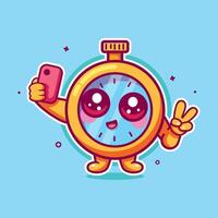 funny stopwatch character mascot taking a selfie with a smartphone isolated cartoon vector