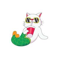 cartoon cat with mermaid legs, looking relaxed with glasses and drink in his hand vector