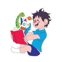 Illustration of a boy opening a book with full imagination inside. vector