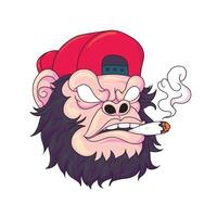 a cartoon drawing of a gorilla with a red cap and a cigarette in his mouth. vector