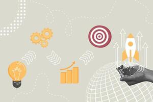 Trendy halftone collage. Concept of launching a new idea, product, analyzing budget, expenses to achieve the goal, planning, launching a business, successful start, development goal vector