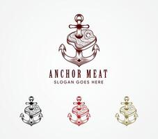 set of meat and anchor in retro style. Restaurant logo with meat and anchor. Hand-drawn illustration on a white background. four combination colors is dark red, gold, black and red. vector