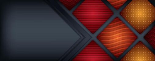 Gradient red, yellow and grey contrast abstract technology background. Corporate design. wave, dot, zig-zag, and line pattern in mosaic square. long horizontal banner with space text vector