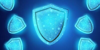 Cybersecurity, digital protection of data and user privacy, illustration of a collection of sparkling blue shields on a dark blue background. vector