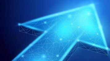 Digital arrow up in wireframe particle style and dark blue background, illustration of business investment growth and market growth. vector