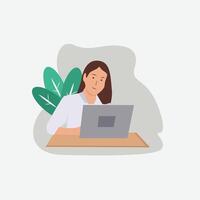 a woman is working in front of a laptop vector