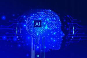 Electronic brain and Concept of artificial intelligence.Graphic of a digital brain and Human head outline made from circuit board, connecting on a dark blue background. vector