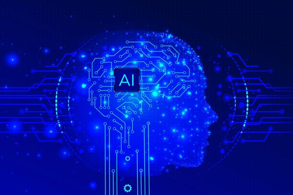 Electronic brain and Concept of artificial intelligence.Graphic of a digital brain and Human head outline made from circuit board, connecting on a dark blue background.